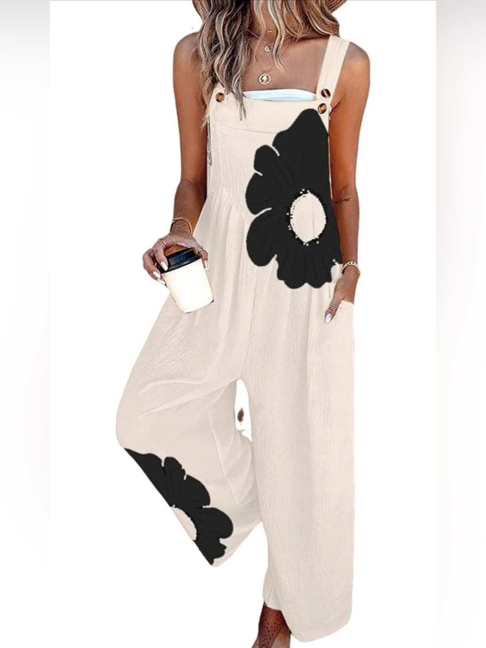 Women's Cream Floral Wide-Leg Overalls Jumpsuit